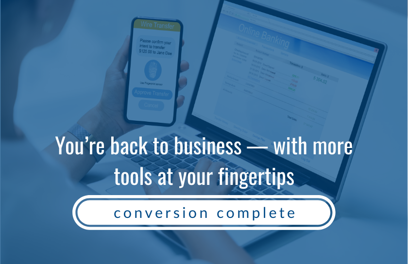 loading bar complete with text that says "you're back to business, conversion is complete" and a woman banking on her computer