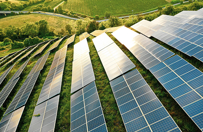 rows of solar panels carpeting a green hillside